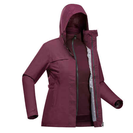Γυναικείο αδιάβροχο μπουφάν 3 σε 1 για trekking - Travel 100 0° - Μπορντό