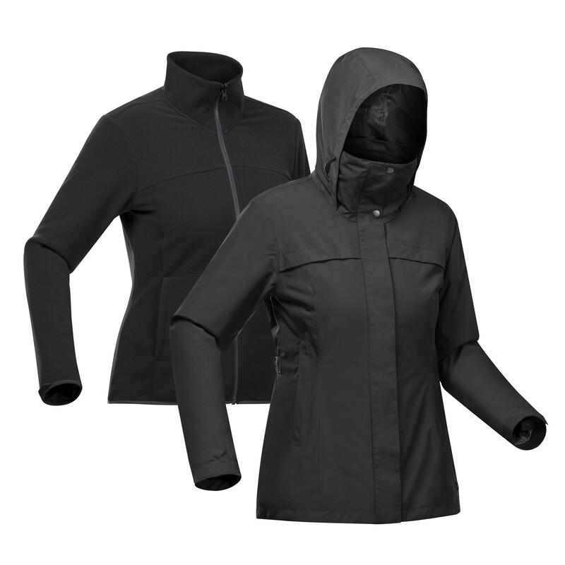 Waterdichte 3-in-1 jas voor backpacking dames Travel 100 0°C zwart