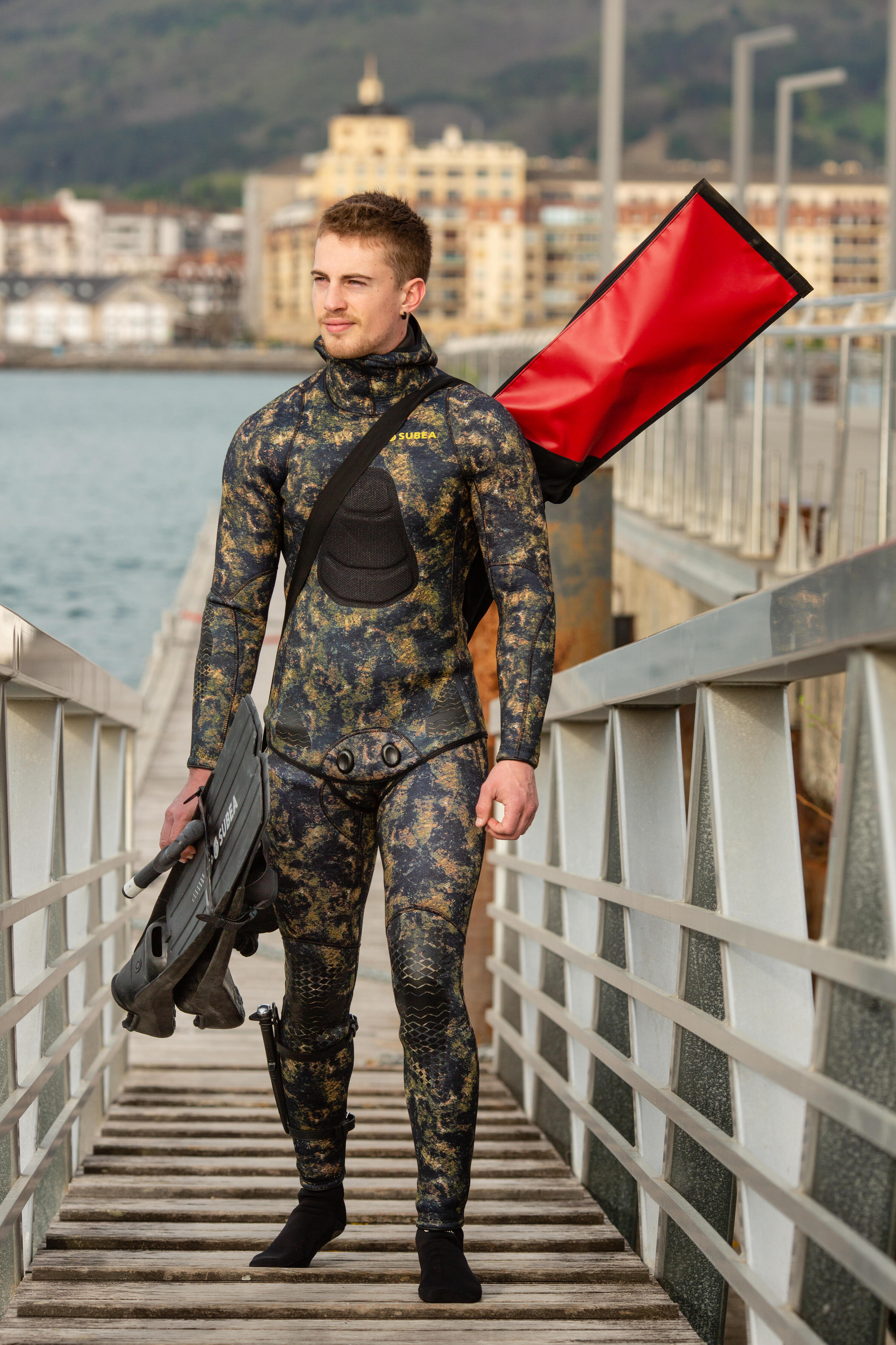 Men's spearfishing trousers 5 mm neoprene SPF 540 brown camouflage 9/11