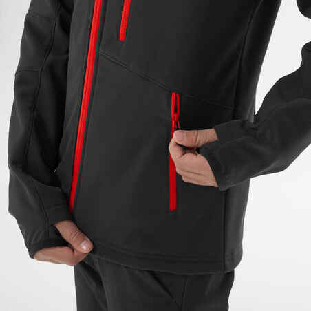 KIDS’ SOFTSHELL HIKING JACKET - MH550 BLACK RED - 7–15 YEARS