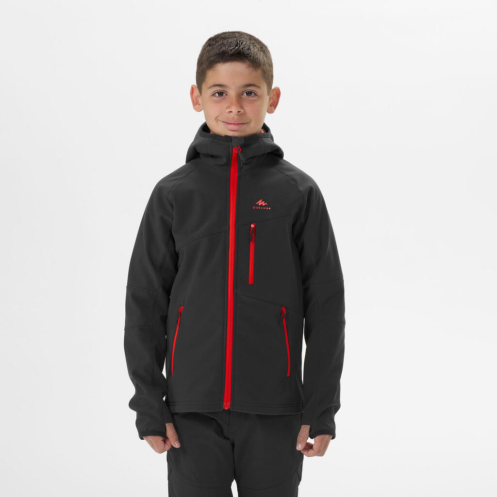 KIDS’ SOFTSHELL HIKING JACKET - MH550 BLACK RED - 7–15 YEARS