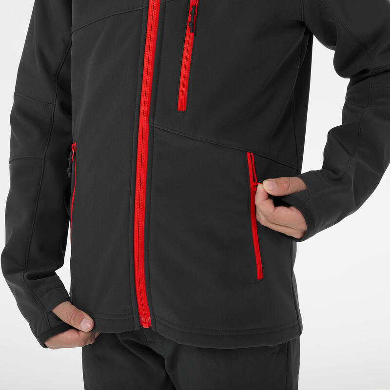 CASACO SOFTSHELL DE CAMINHADA - MH550 PRETO VERMELHO - CRIANÇA 7-15 ANOS