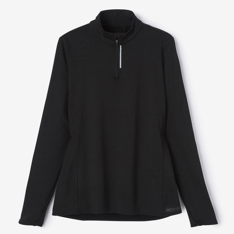 ФУТБОЛКА С ДЛИННЫМИ РУКАВАМИ ЖЕНСКАЯ RUN WARM ZIP ЧЕРНАЯ - Decathlon