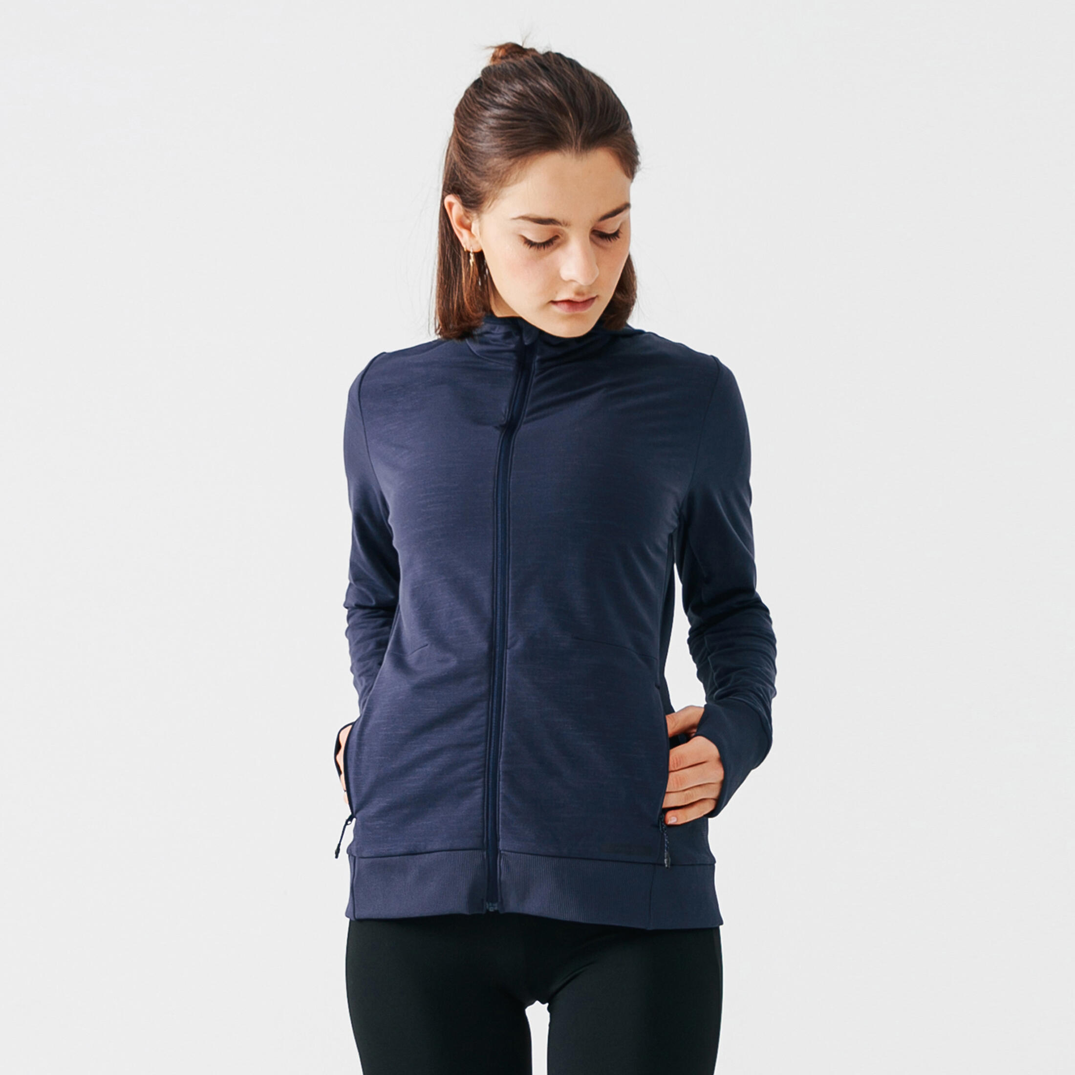 Women's Running Hooded Jacket Warm - dark blue KALENJI