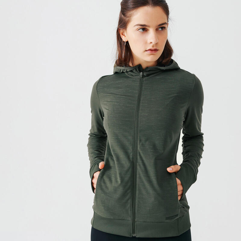 Felpa con cappuccio running donna WARM verde militare
