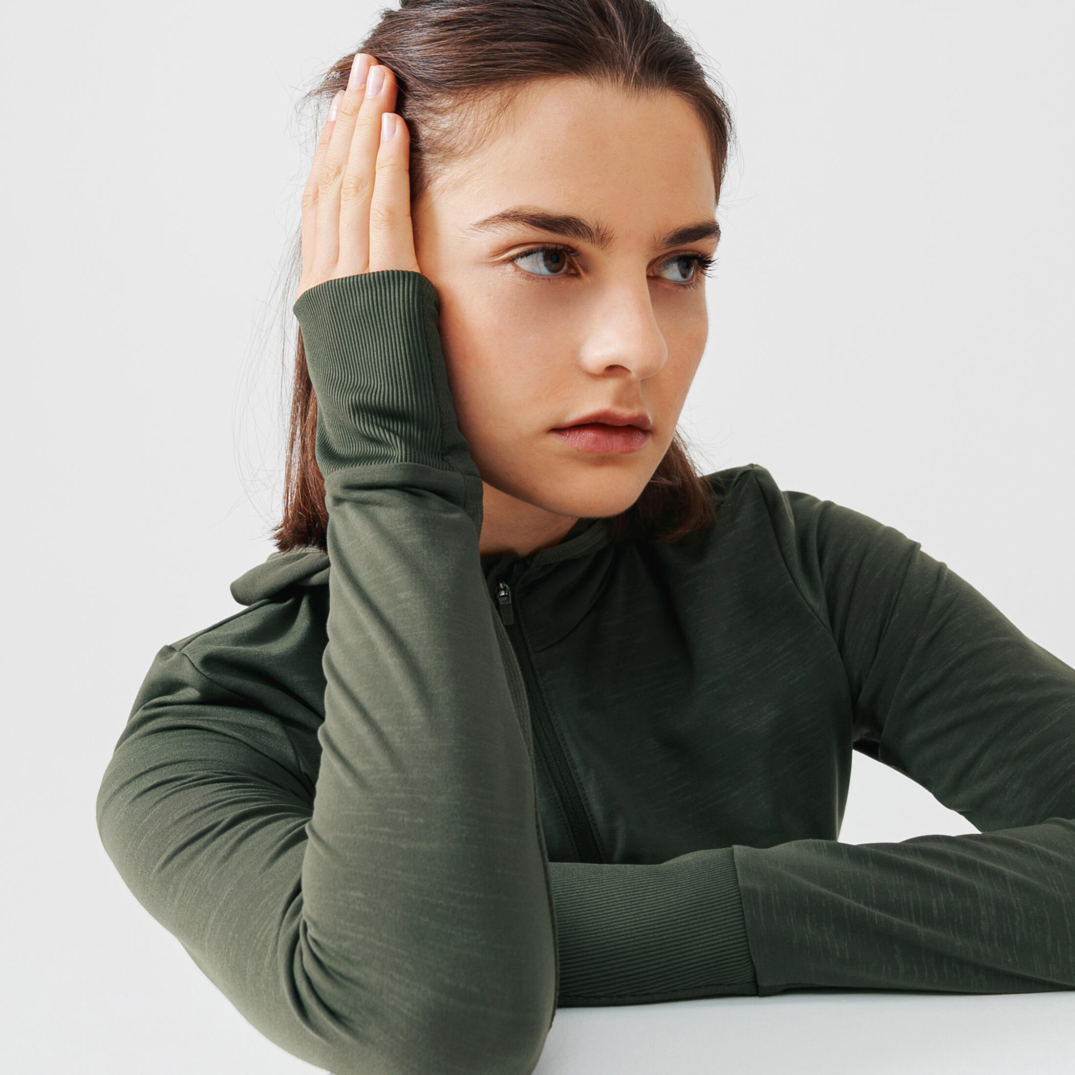 Laufjacke Damen mit Kapuze - Warm khaki 7/8