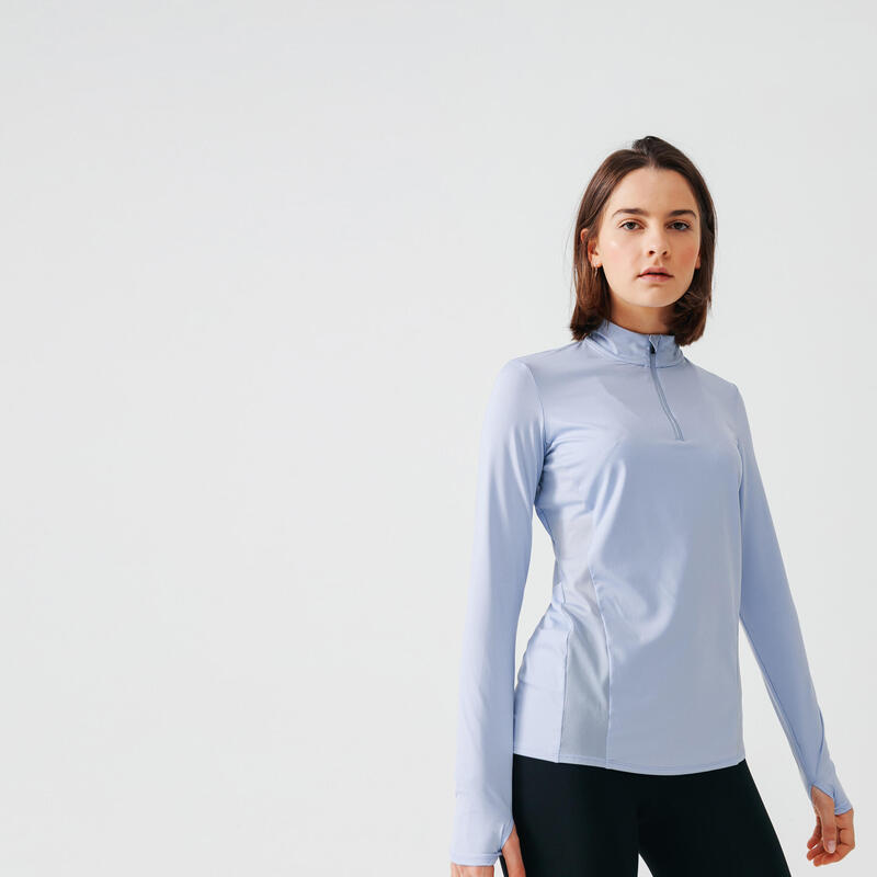 【中階】女款拉鍊跑步長袖T恤 KALENJI Run Dry + 淡藍色