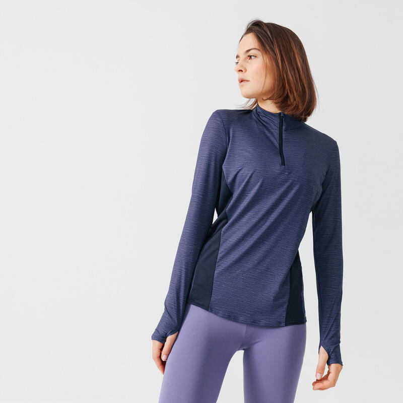 T-shirt de running manches longues 1/2 zip femme - RunDry+ bleu fonçé