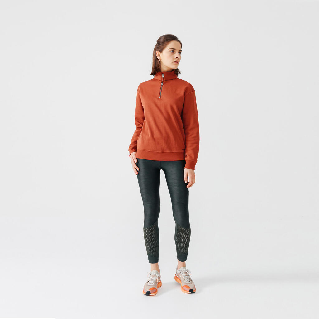 Women's zip-collar running sweatshirt Warm+ - brown