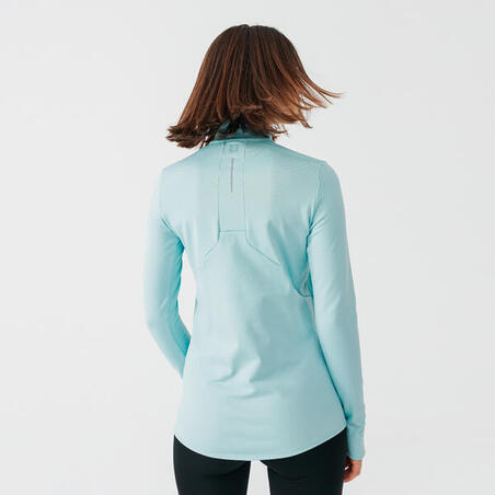 T-shirt manches longues chaud running femme - Zip warm bleu clair