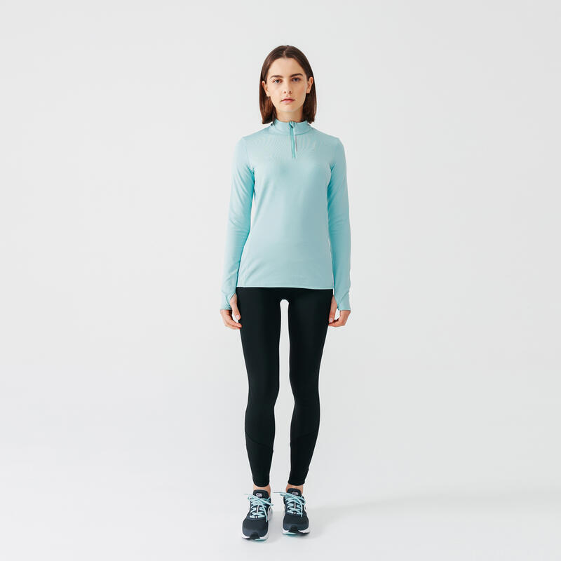 T-shirt manches longues chaud running femme - Zip warm bleu clair