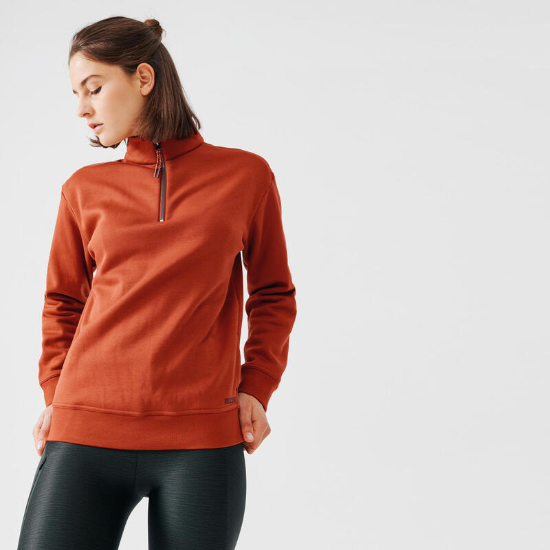 Women's zip-collar running sweatshirt Warm+ - brown