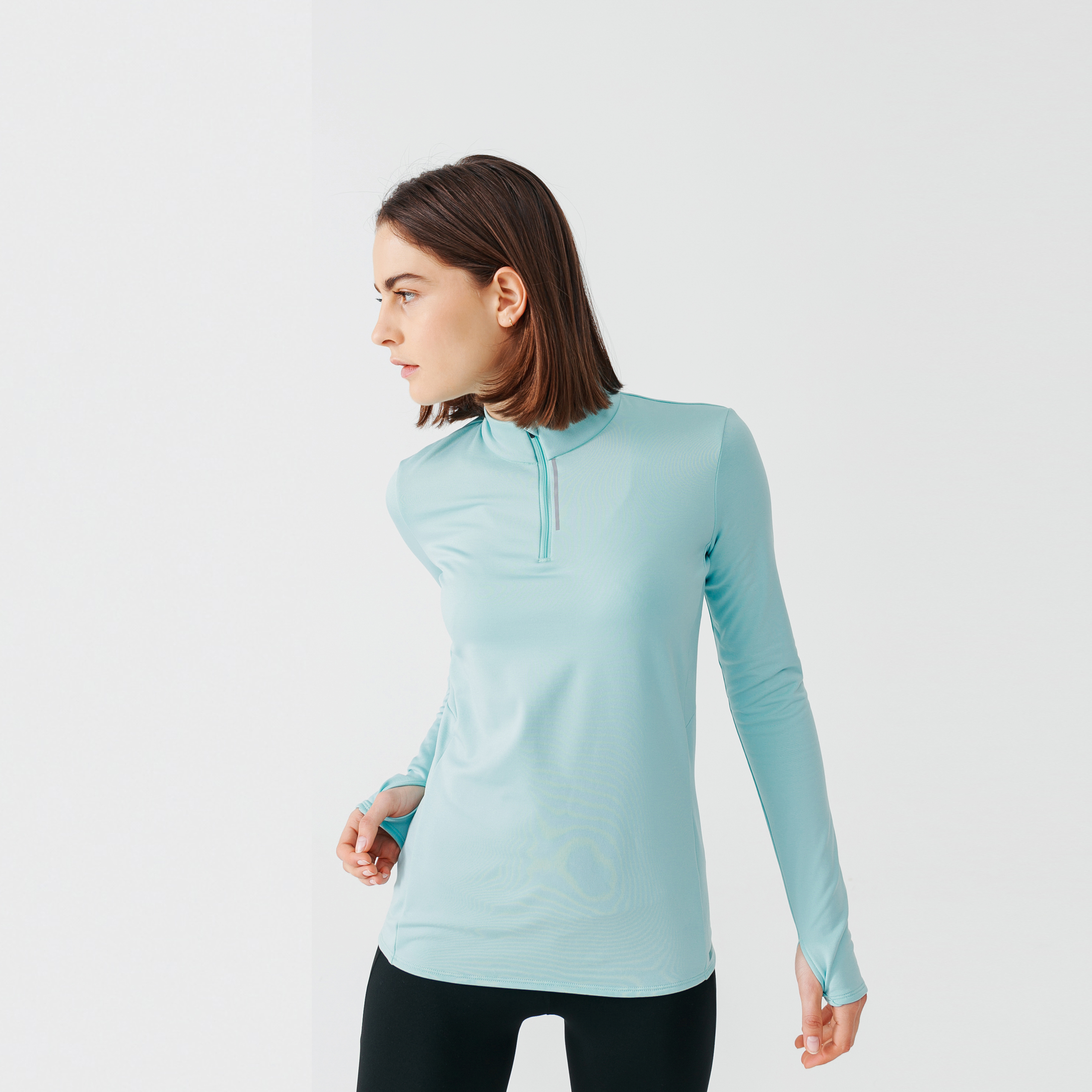 T-shirt manches longues chaud running femme - Zip warm bleu clair