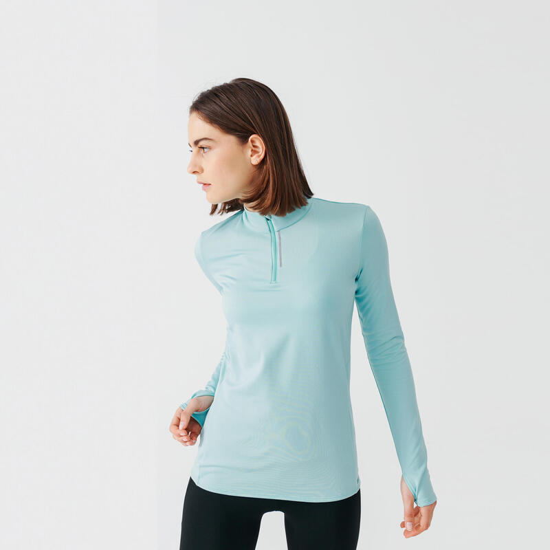 Camiseta manga larga cálida Running Mujer - Zip warm azul claro 