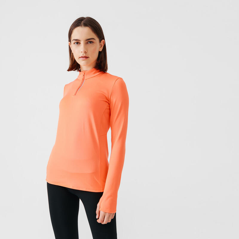 T-shirt manches longues chaud running femme - Zip warm corail