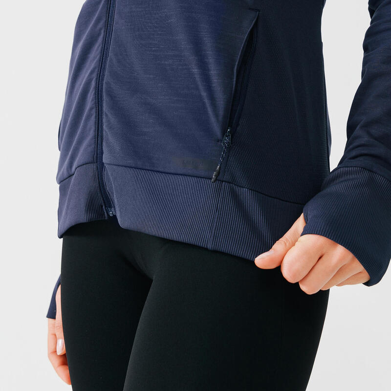 Veste running à capuche femme - Warm bleu foncé