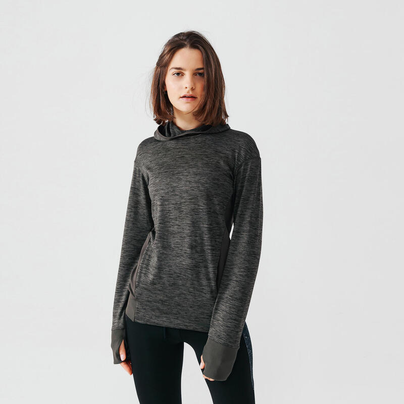Sweater met capuchon voor hardlopen dames Warm kaki