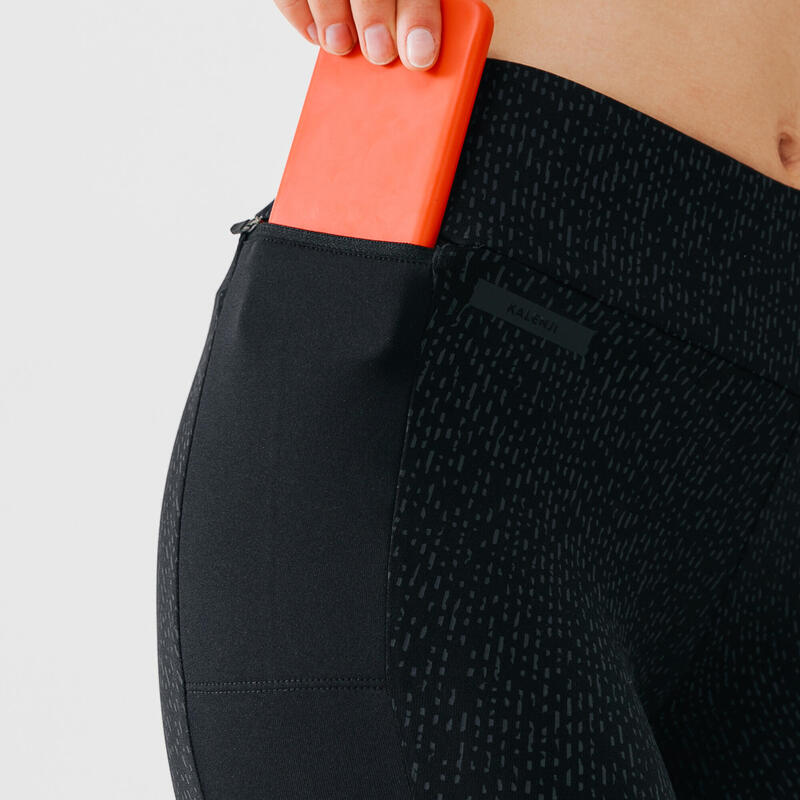 Női meleg leggings futáshoz, fekete, fényvisszaverő mintákkal - Warm+