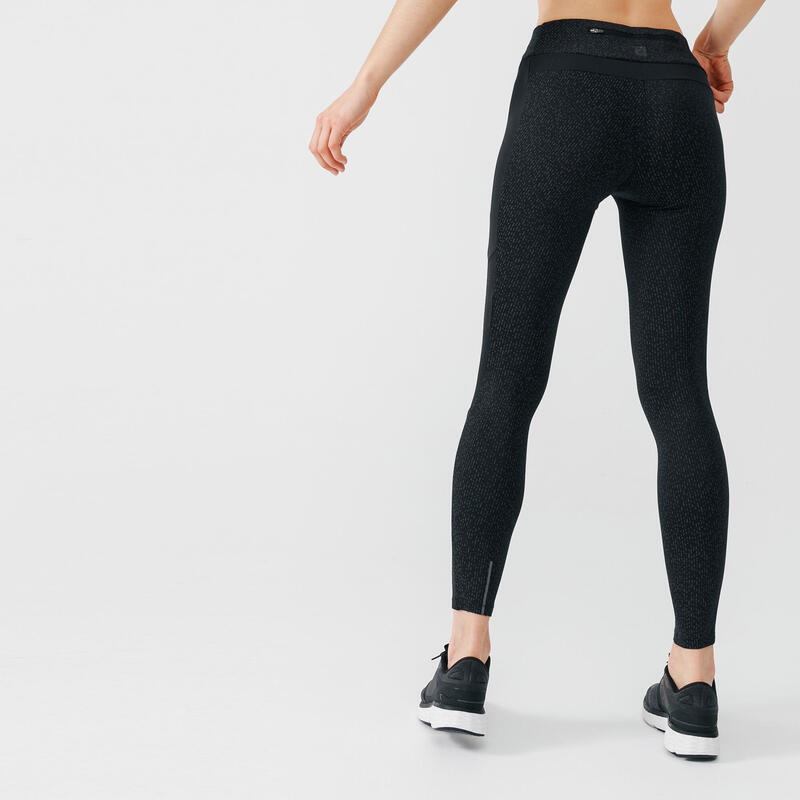 Lauftights lang Damen - Warm+ schwarz mit reflektierendem Muster