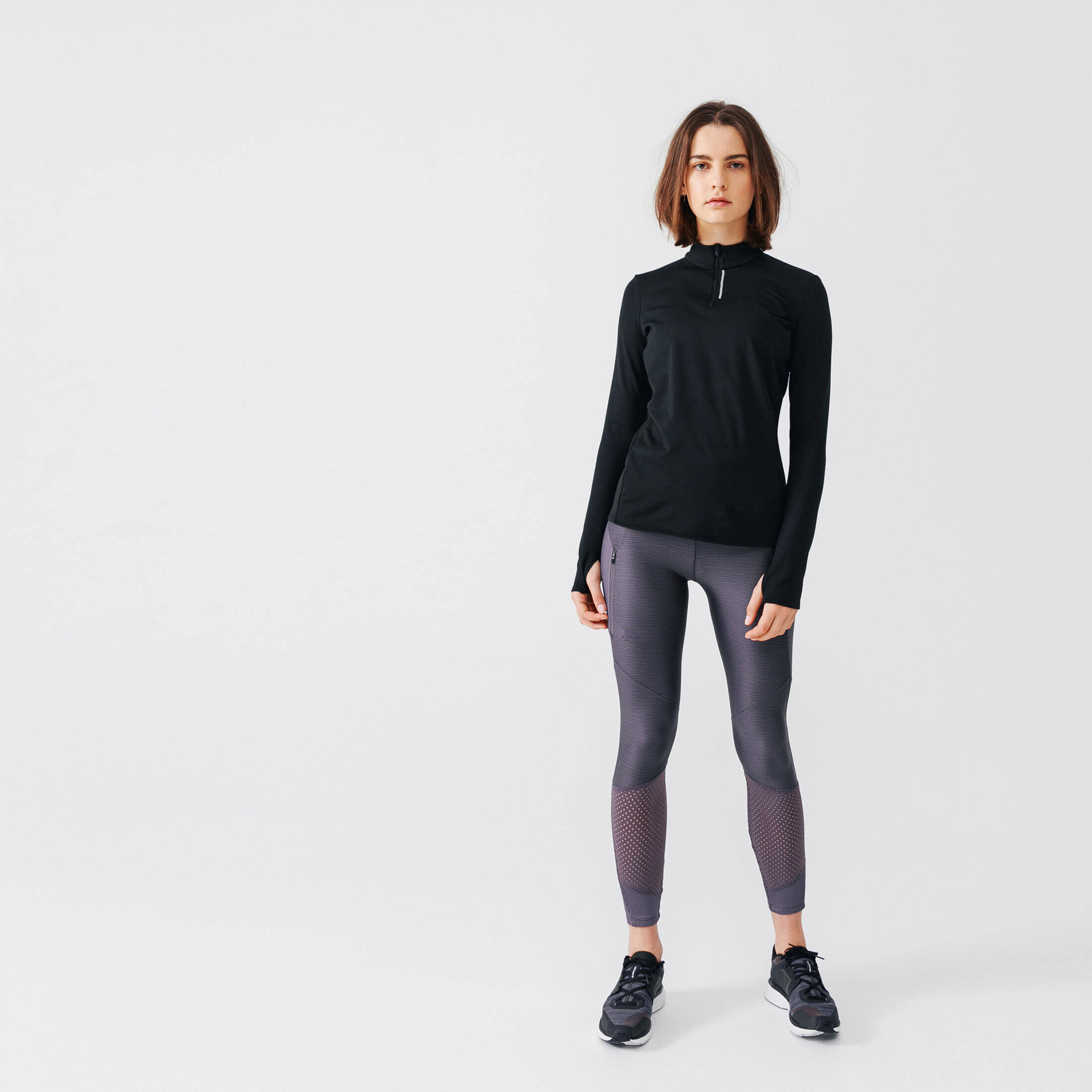 Women's Long-Sleeved T-Shirt Half-Zip Run Warm - black -  4