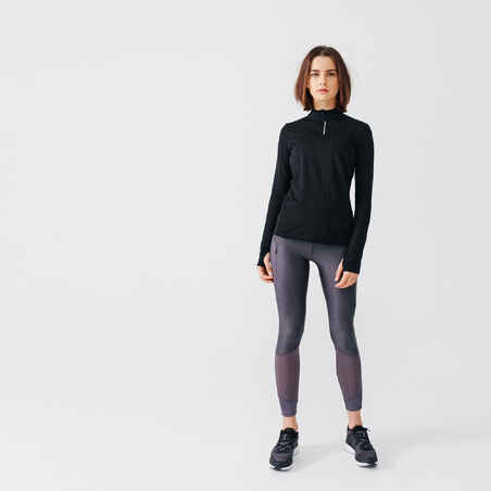 Γυναικείο μακρυμάνικο T-shirt τρεξίματος με φερμουάρ - μαύρο