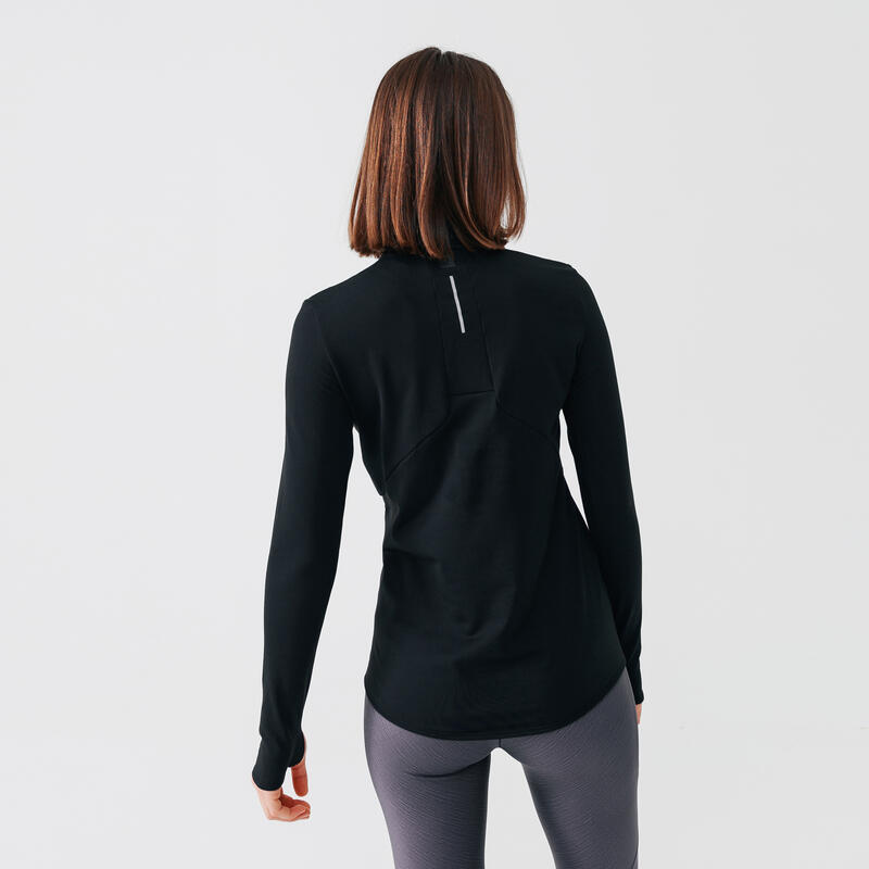 ФУТБОЛКА С ДЛИННЫМИ РУКАВАМИ ЖЕНСКАЯ RUN WARM ZIP ЧЕРНАЯ - Decathlon