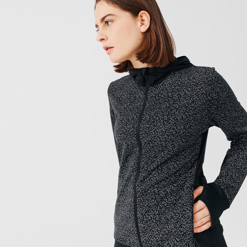 Veste running à capuche femme - Warm noir motifs réfléchissants