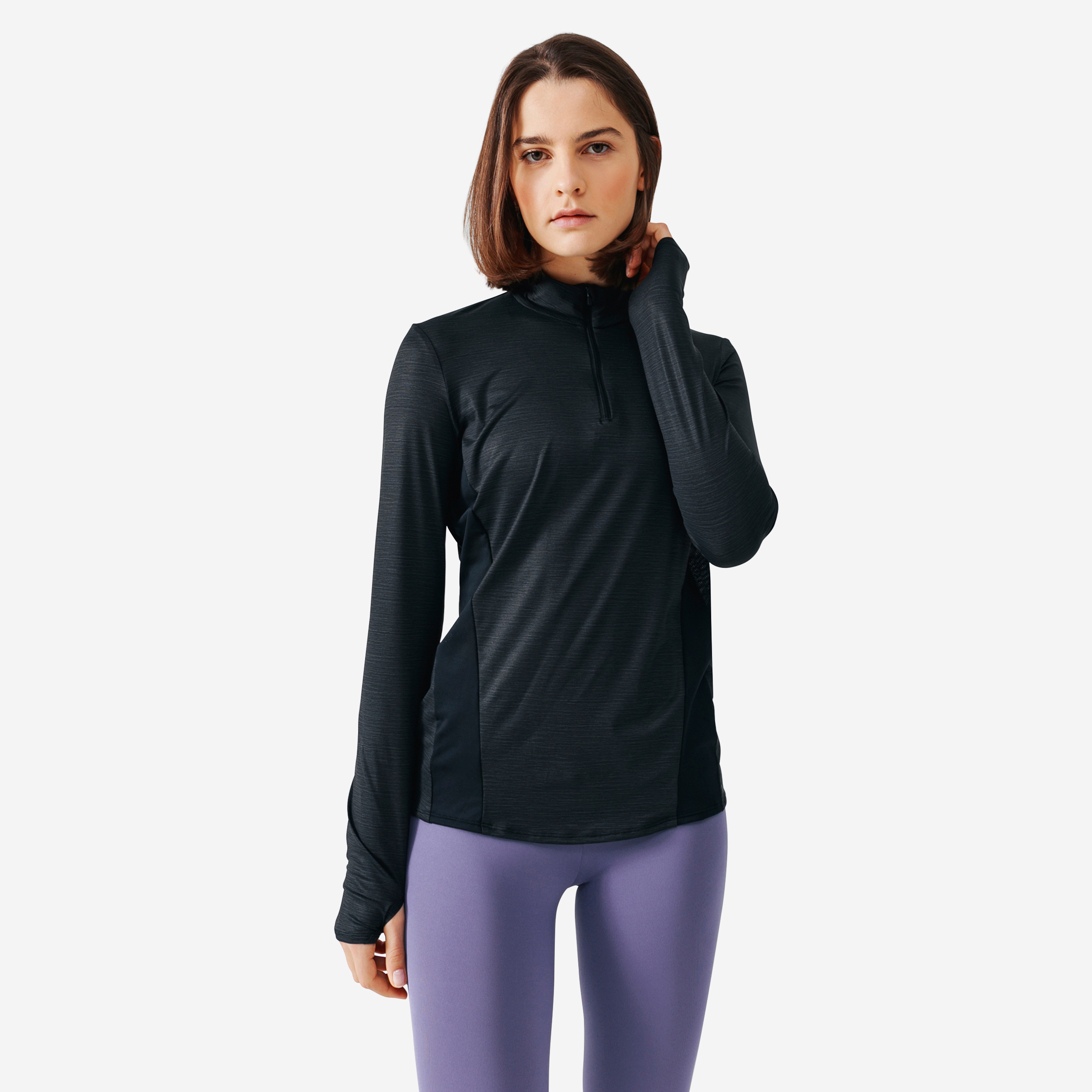 T-shirt respirant manches longues de running femme - kiprun run 100 dry noir - Kalenji