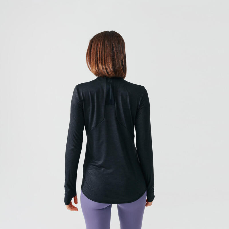 Hardloopshirt voor dames Dry+ lange mouwen halve rits zwart