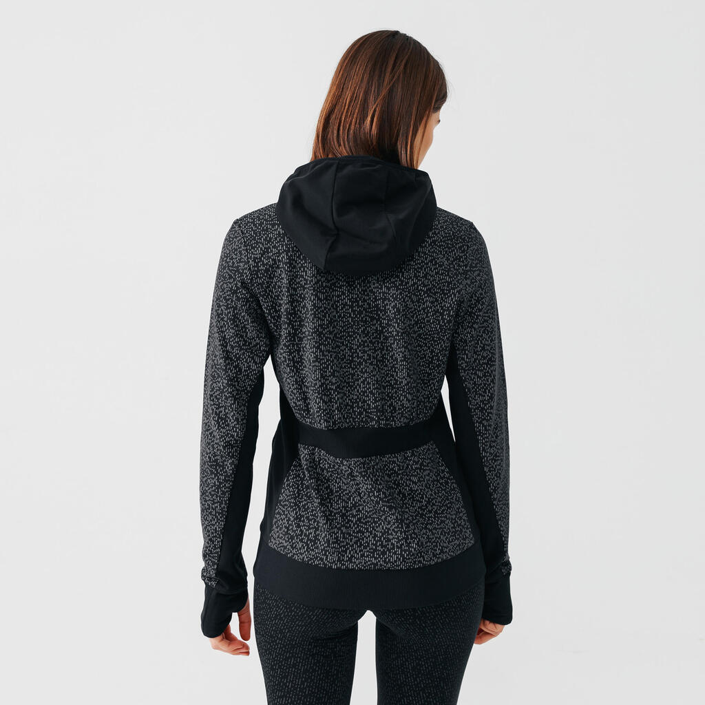 Dámska bežecká bunda s kapucňou Warm čierna s reflexným vzorom