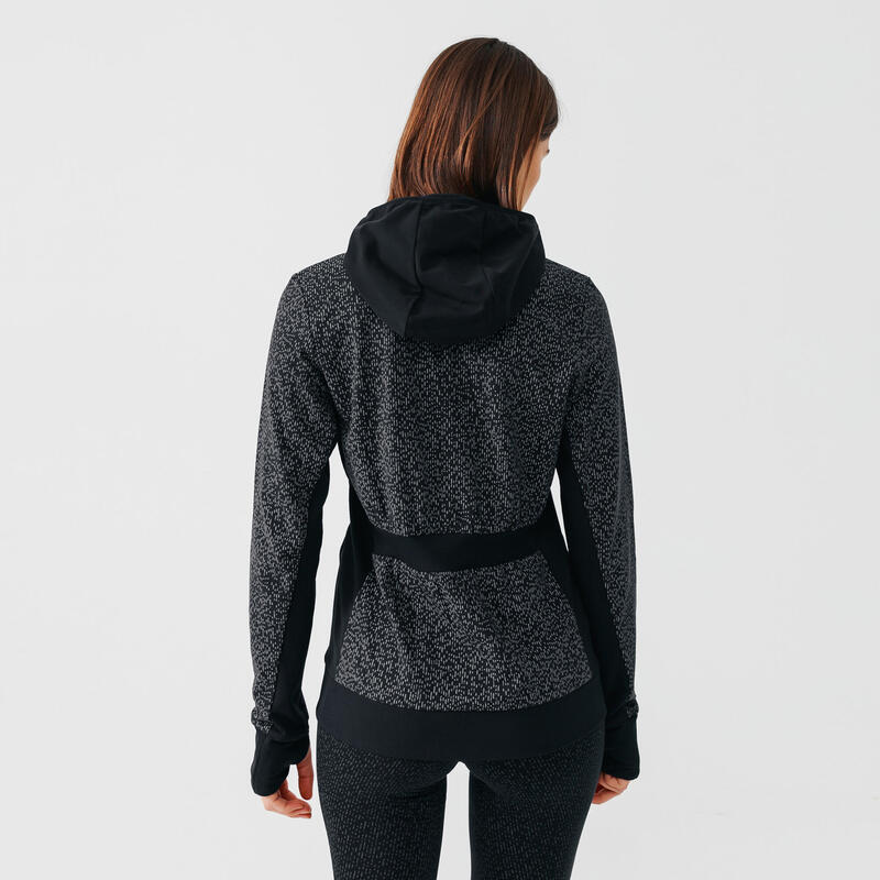 Hardloopjack met capuchon voor dames Warm zwart met reflecterende motieven