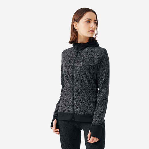 
      Laufjacke Damen mit Kapuze - Warm schwarz mit reflektierendem Muster
  