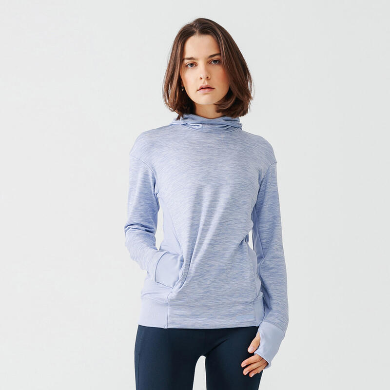 Sweater met capuchon voor hardlopen dames Warm blauw