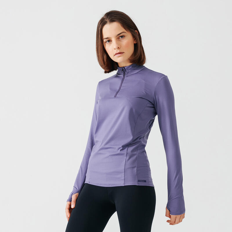 【中階】女款拉鍊跑步長袖T恤 KALENJI Run Dry+ 紫色