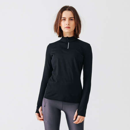 T-shirt manches longues chaud running femme - Zip warm noir