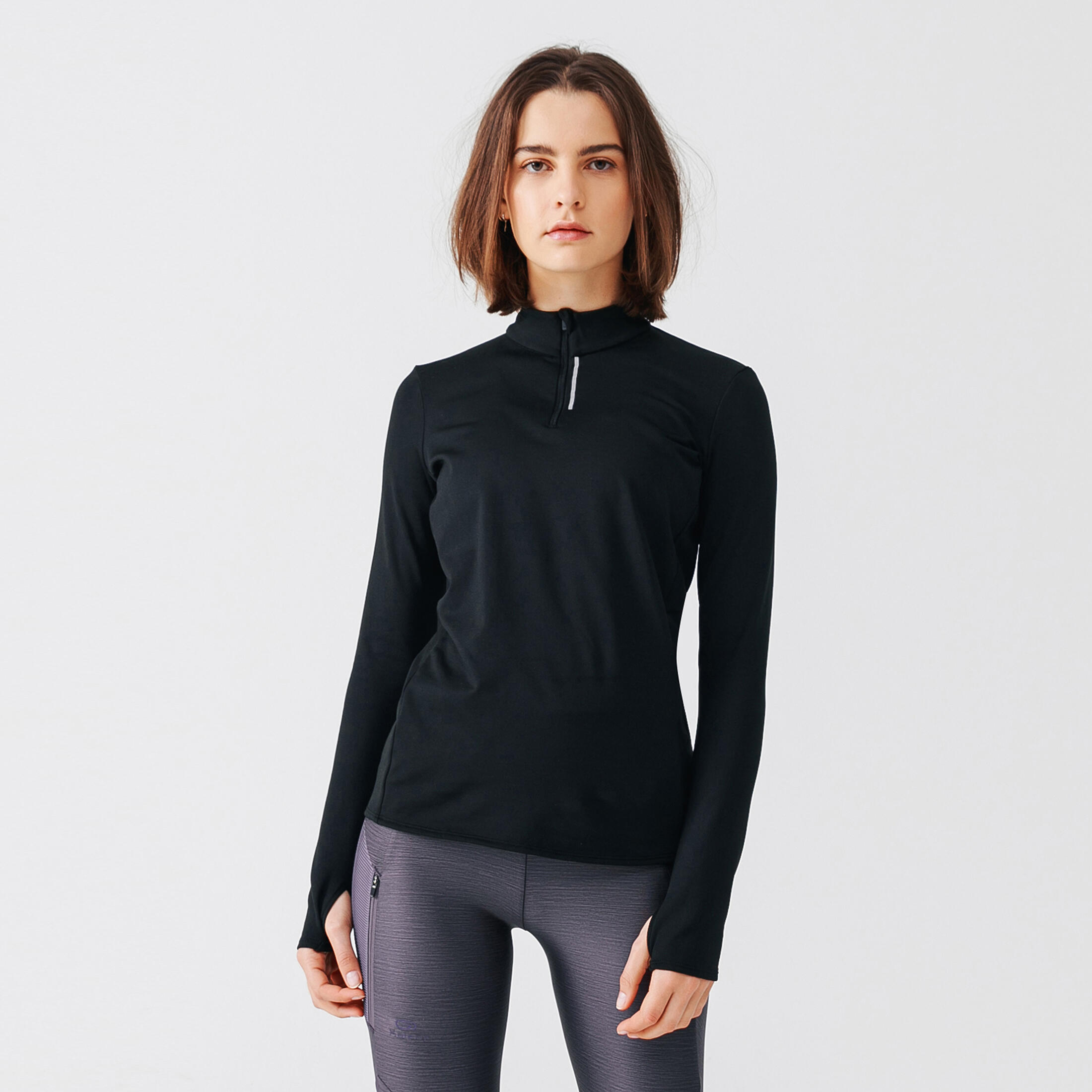 Camiseta Running Run Warm Mujer Negro Manga Larga Cálida Media Cremallera  KALENJI | Decathlon