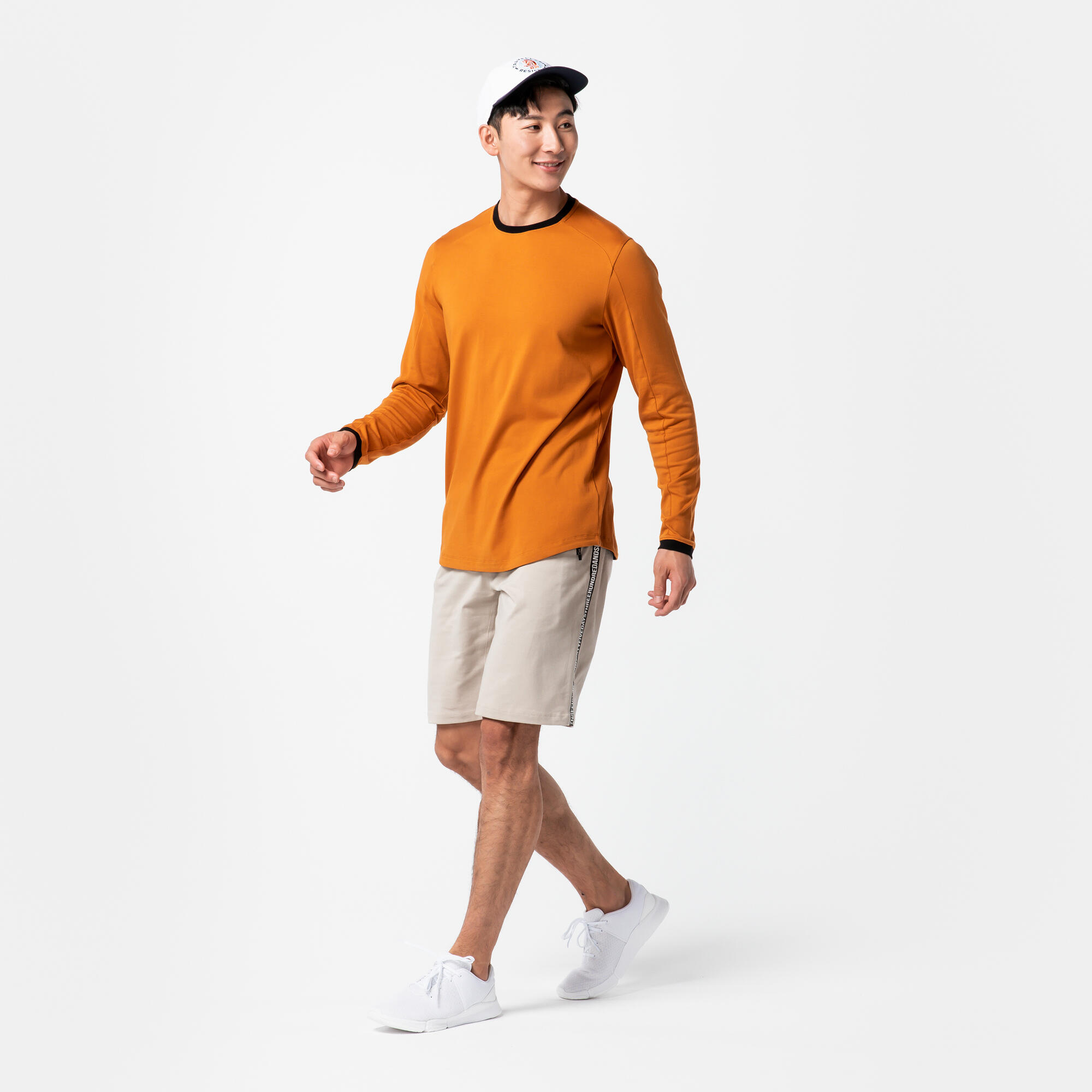 Men's Long-Sleeved Crew Neck Slim-Fit Stretchy Cotton T-Shirt 520 - Ochre 3/28