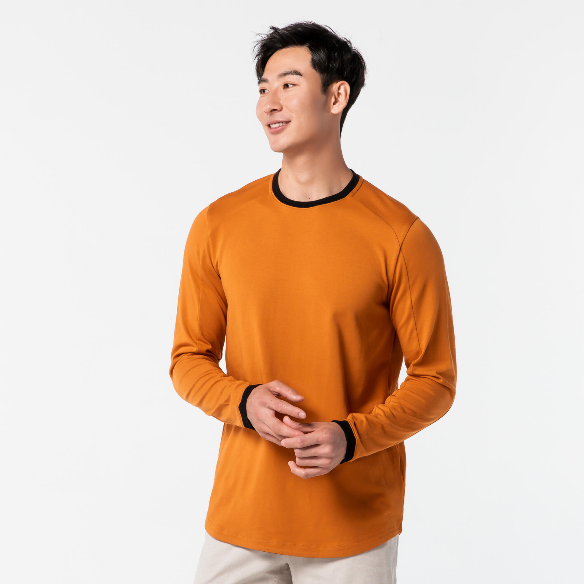 Men's Long-Sleeved Crew Neck Slim-Fit Stretchy Cotton T-Shirt 520 - Ochre 6/28