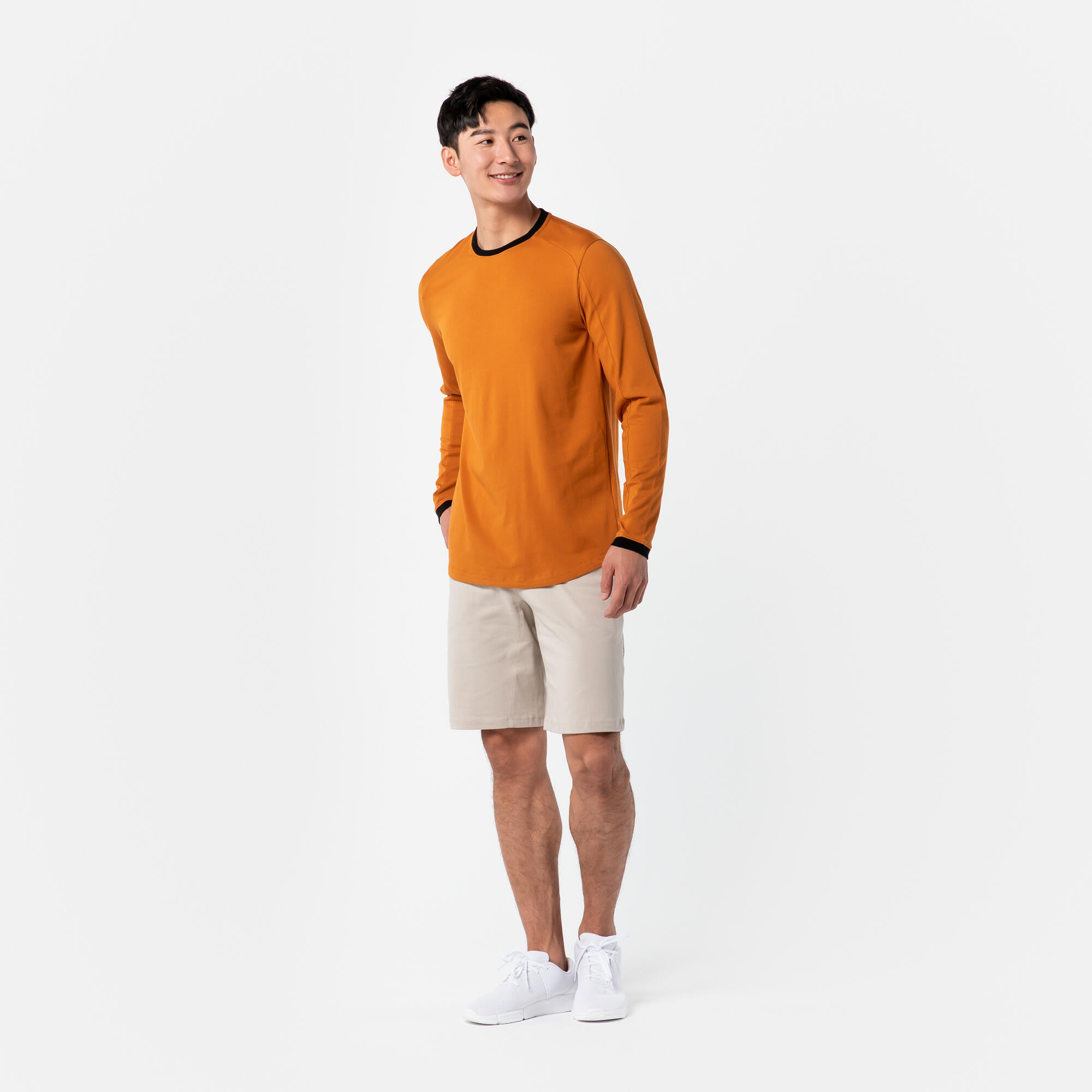 Men's Long-Sleeved Crew Neck Slim-Fit Stretchy Cotton T-Shirt 520 - Ochre 7/28
