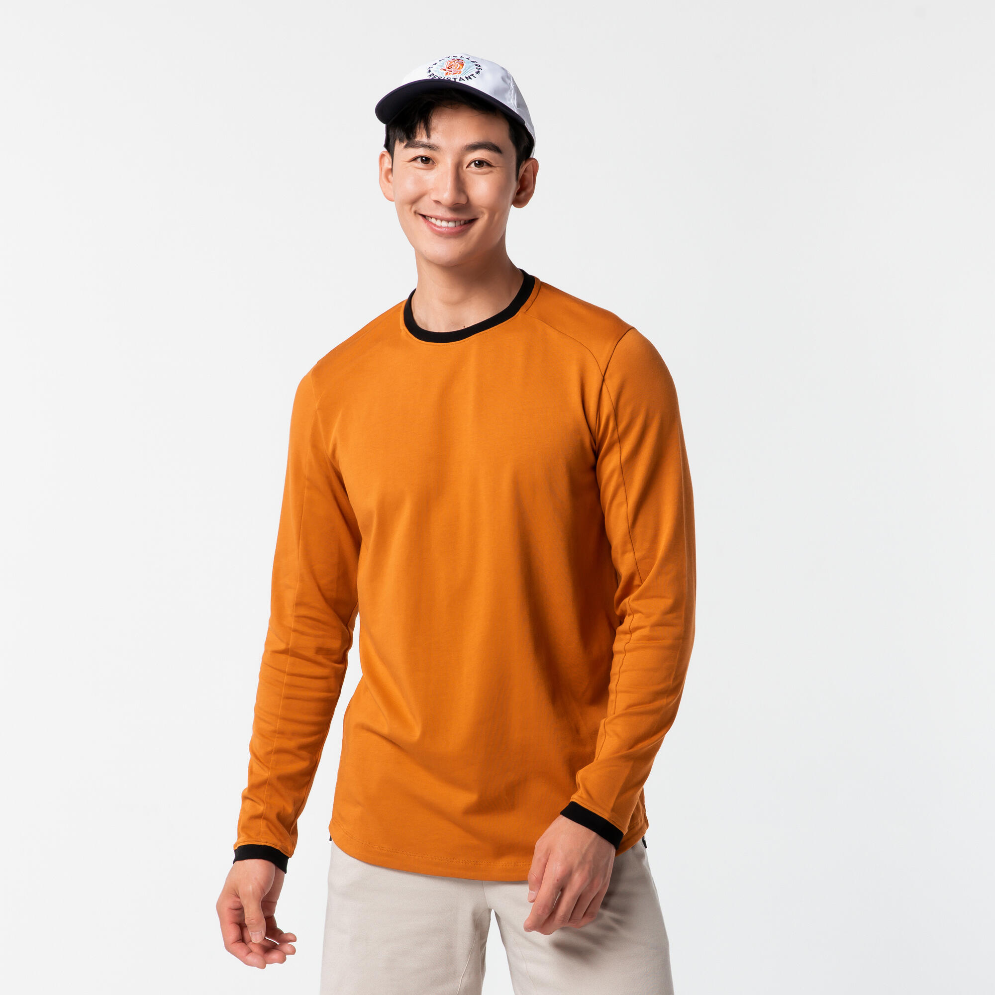 Men's Long-Sleeved Crew Neck Slim-Fit Stretchy Cotton T-Shirt 520 - Ochre 8/28
