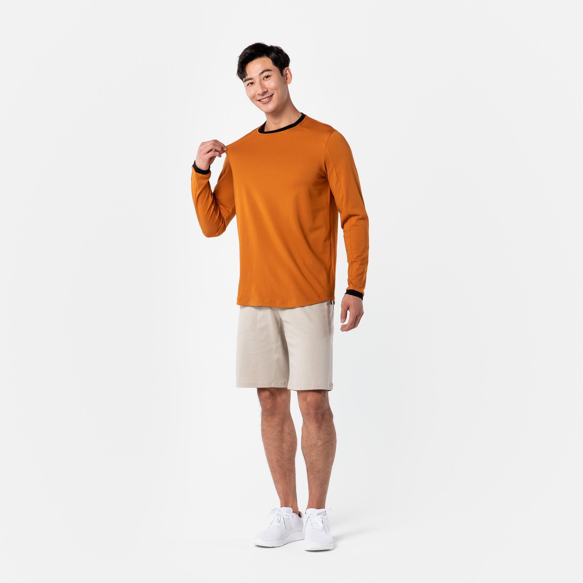 Men's Long-Sleeved Crew Neck Slim-Fit Stretchy Cotton T-Shirt 520 - Ochre 10/28