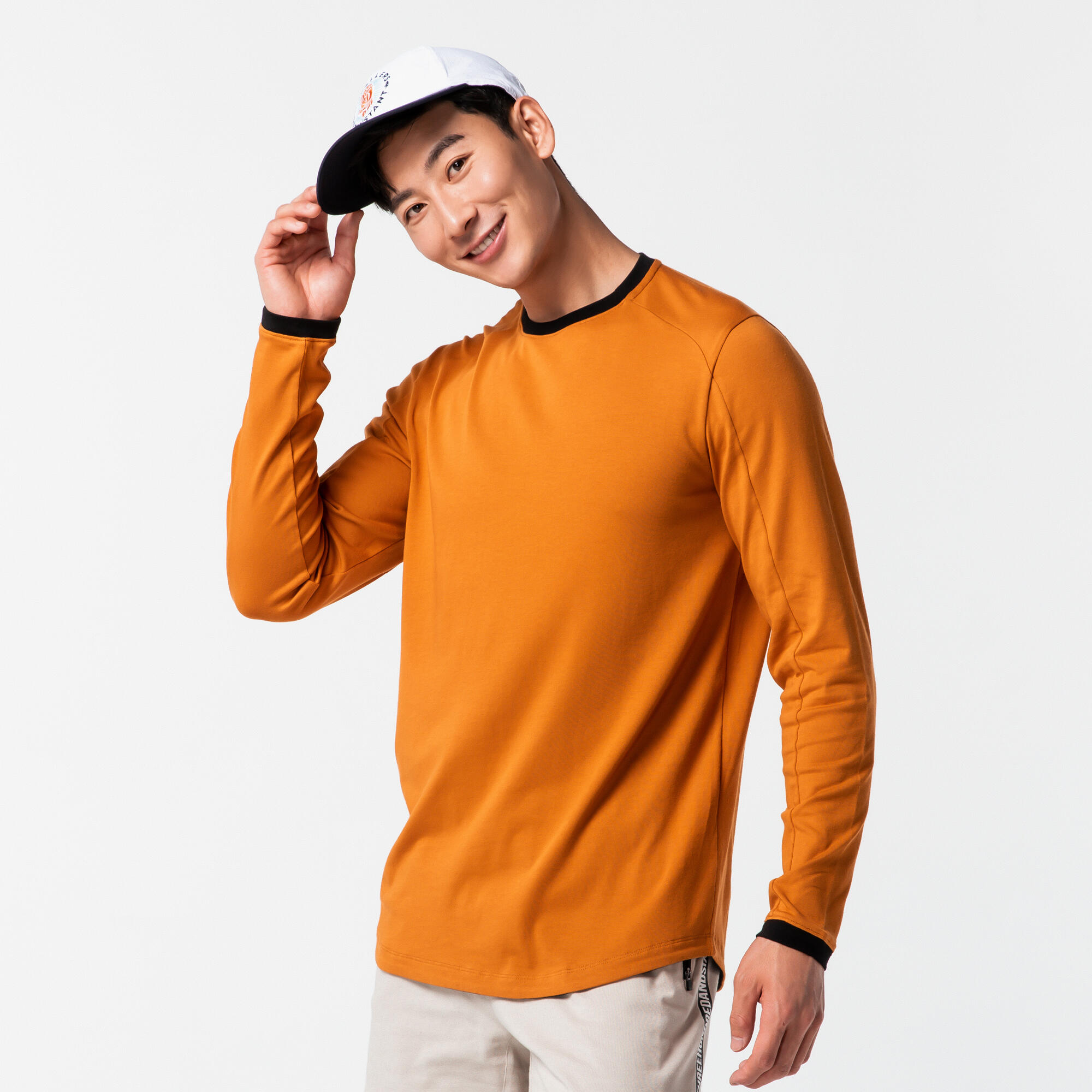 Men's Long-Sleeved Crew Neck Slim-Fit Stretchy Cotton T-Shirt 520 - Ochre 11/28