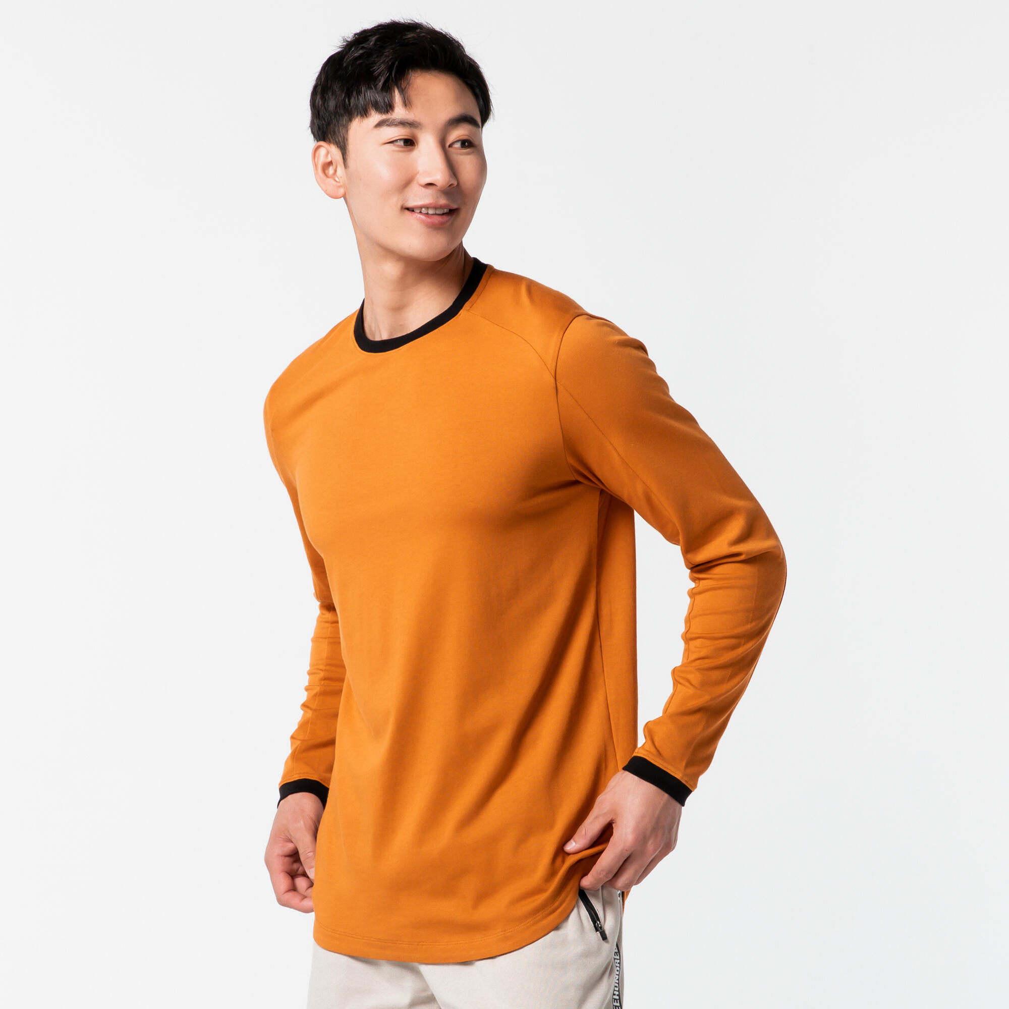 Men's Long-Sleeved Crew Neck Slim-Fit Stretchy Cotton T-Shirt 520 - Ochre 13/28