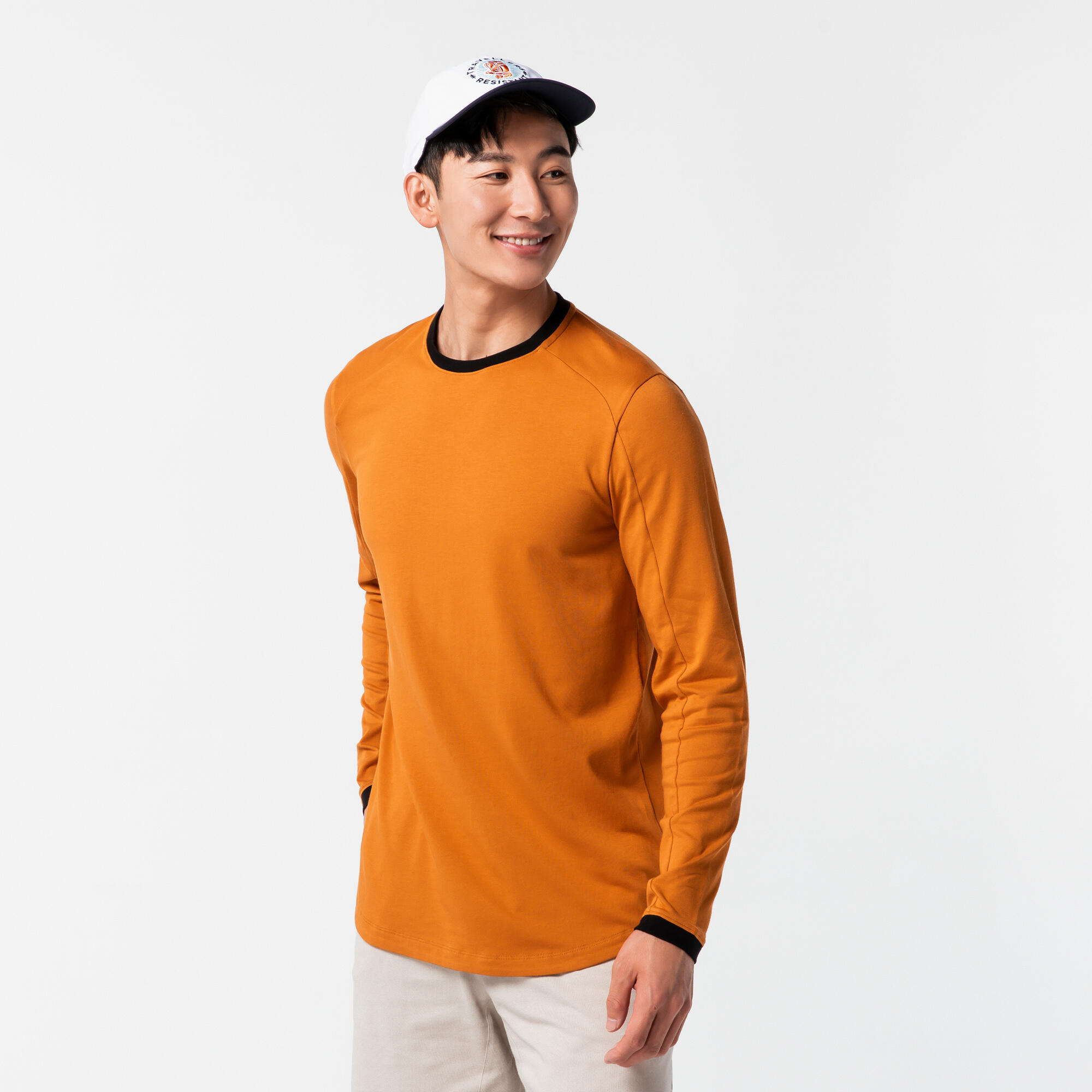 Men's Long-Sleeved Crew Neck Slim-Fit Stretchy Cotton T-Shirt 520 - Ochre 15/28