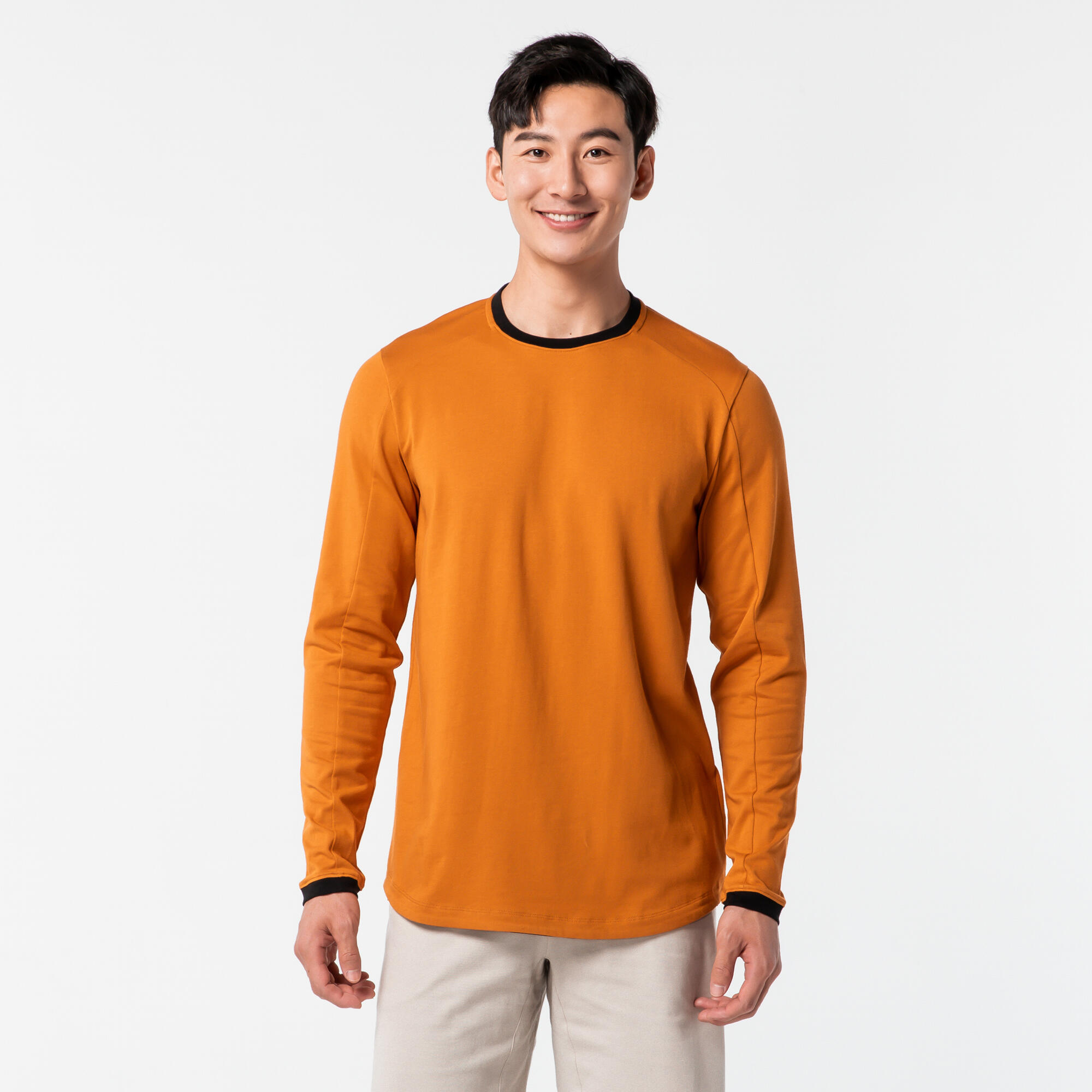 Men's Long-Sleeved Crew Neck Slim-Fit Stretchy Cotton T-Shirt 520 - Ochre 16/28