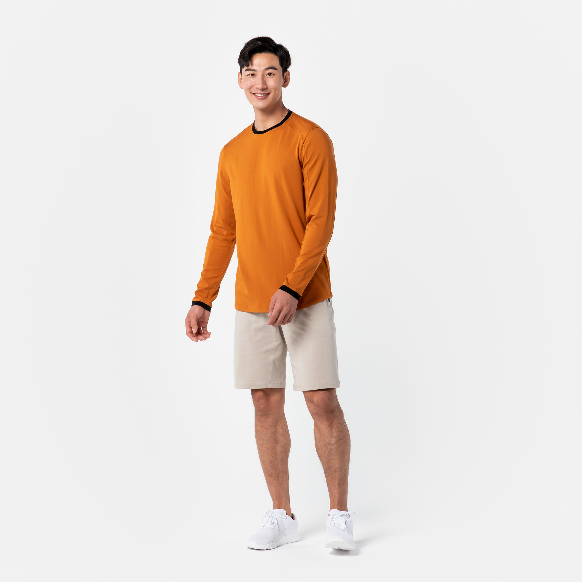 Men's Long-Sleeved Crew Neck Slim-Fit Stretchy Cotton T-Shirt 520 - Ochre 18/28
