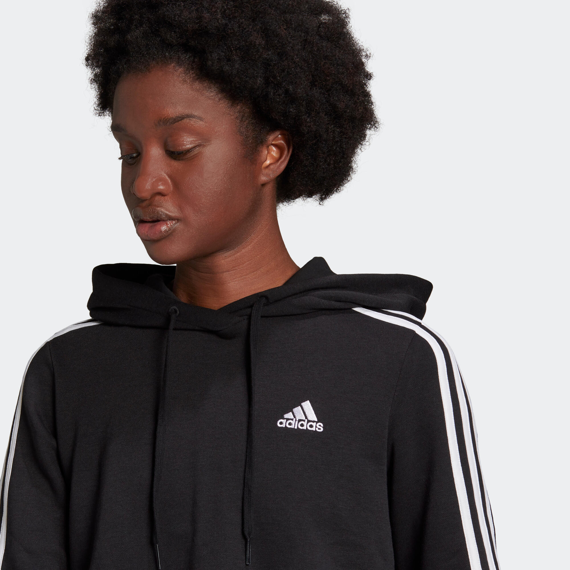 Felpa crop top donna fitness Adidas misto cotone con cappuccio nera 4/6