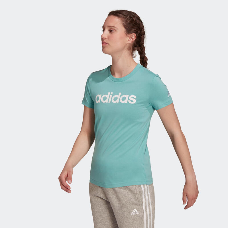 T-shirt donna fitness Adidas slim 100% cotone azzurra