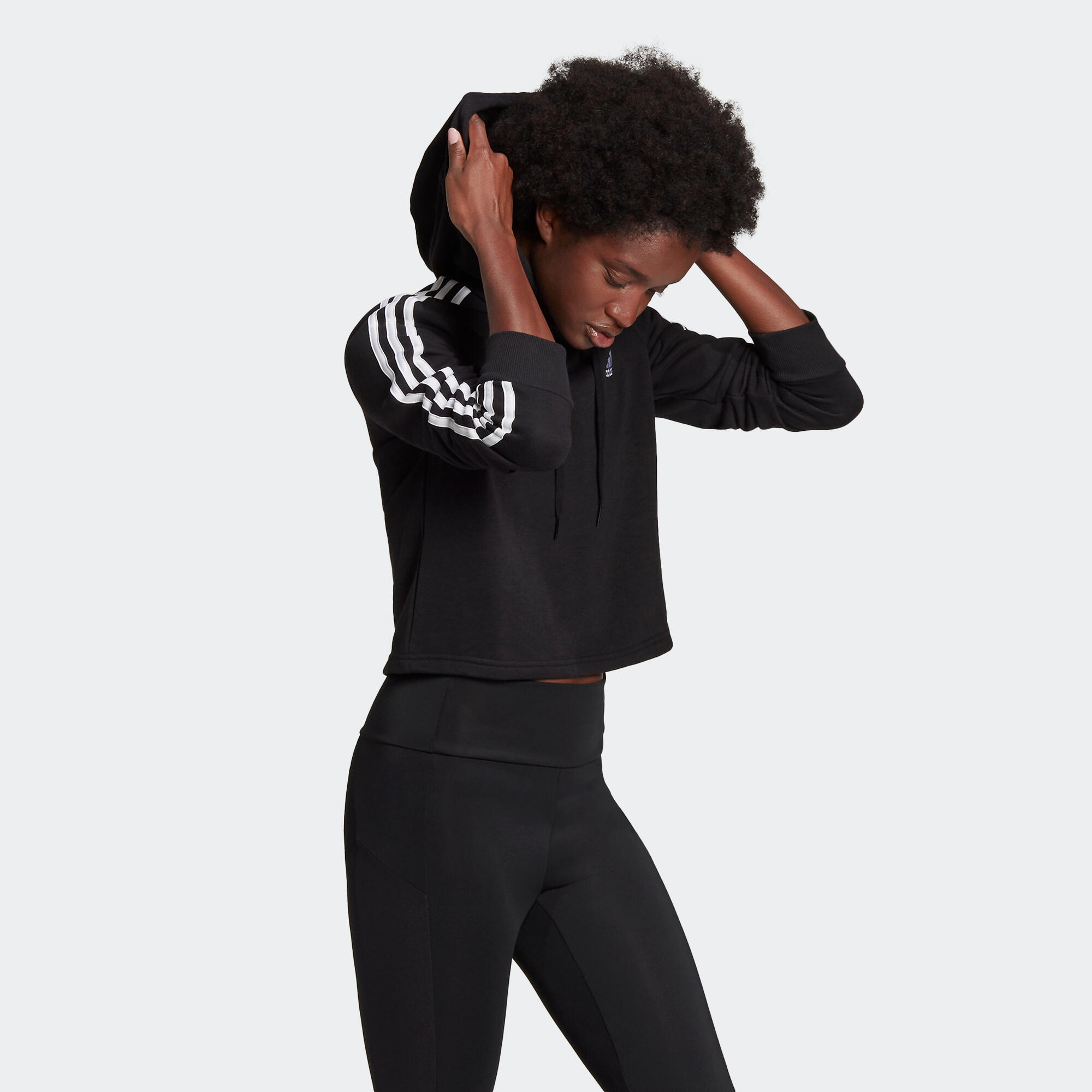 Felpa crop top donna fitness Adidas misto cotone con cappuccio nera 3/6