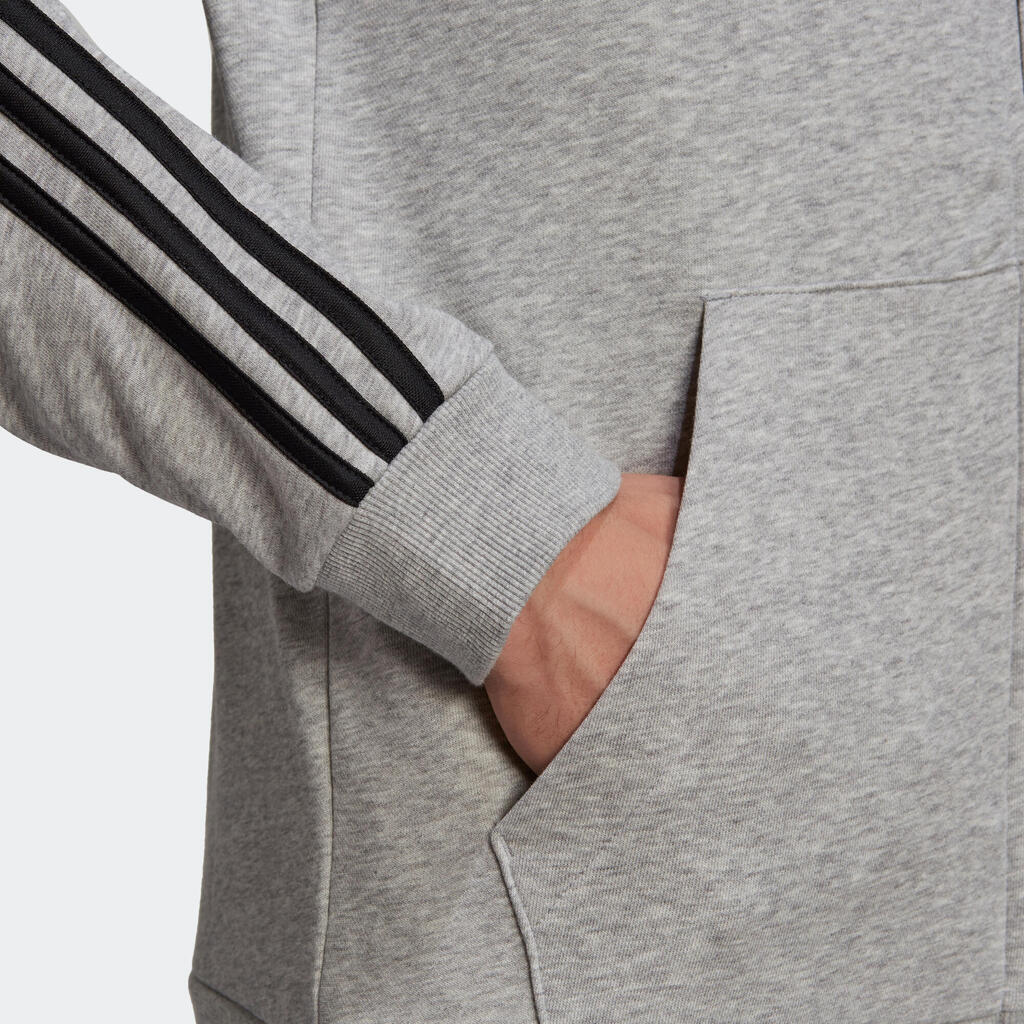 Men's Straight-Cut Crew Neck Zipped Hoodie With Pocket 3 Stripes - Grey